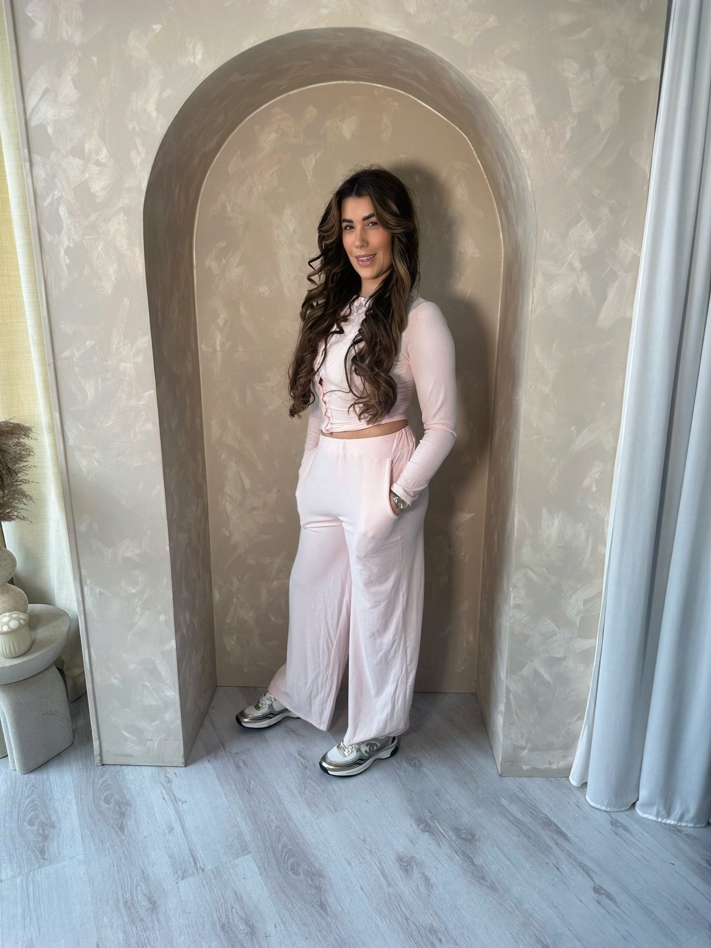 Soft Ribbed Button Up Set in Pink