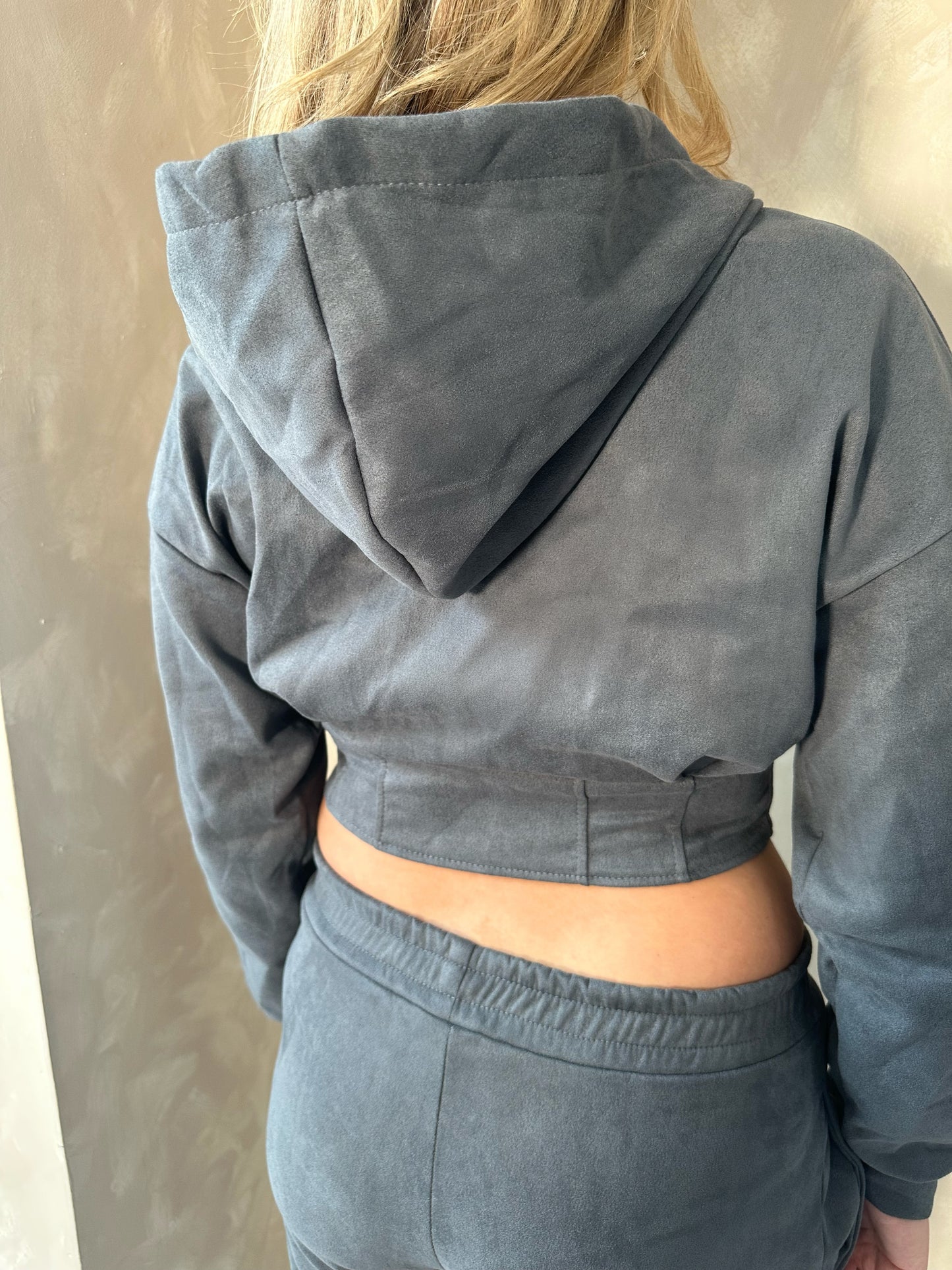 Suede Cinched Hoodie and Trousers in Graphite Grey