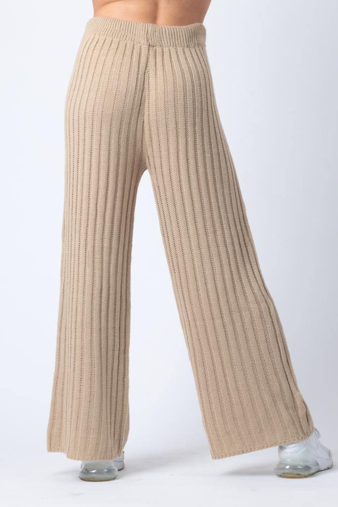 Ribbed Wide Leg Trousers in Beige - watts that trend