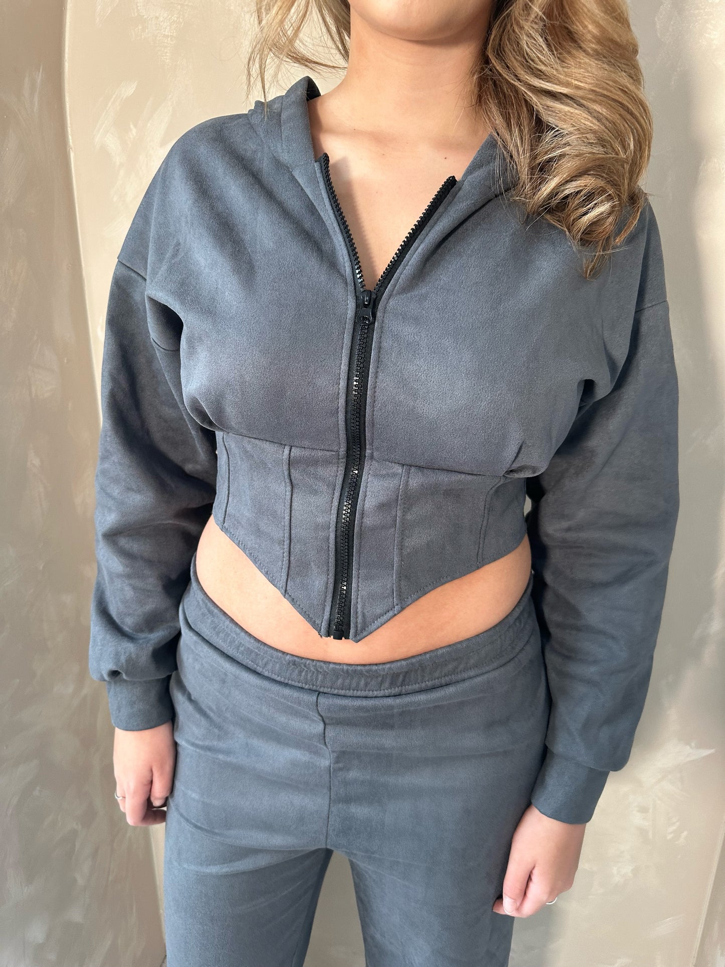 Suede Cinched Hoodie and Trousers in Graphite Grey