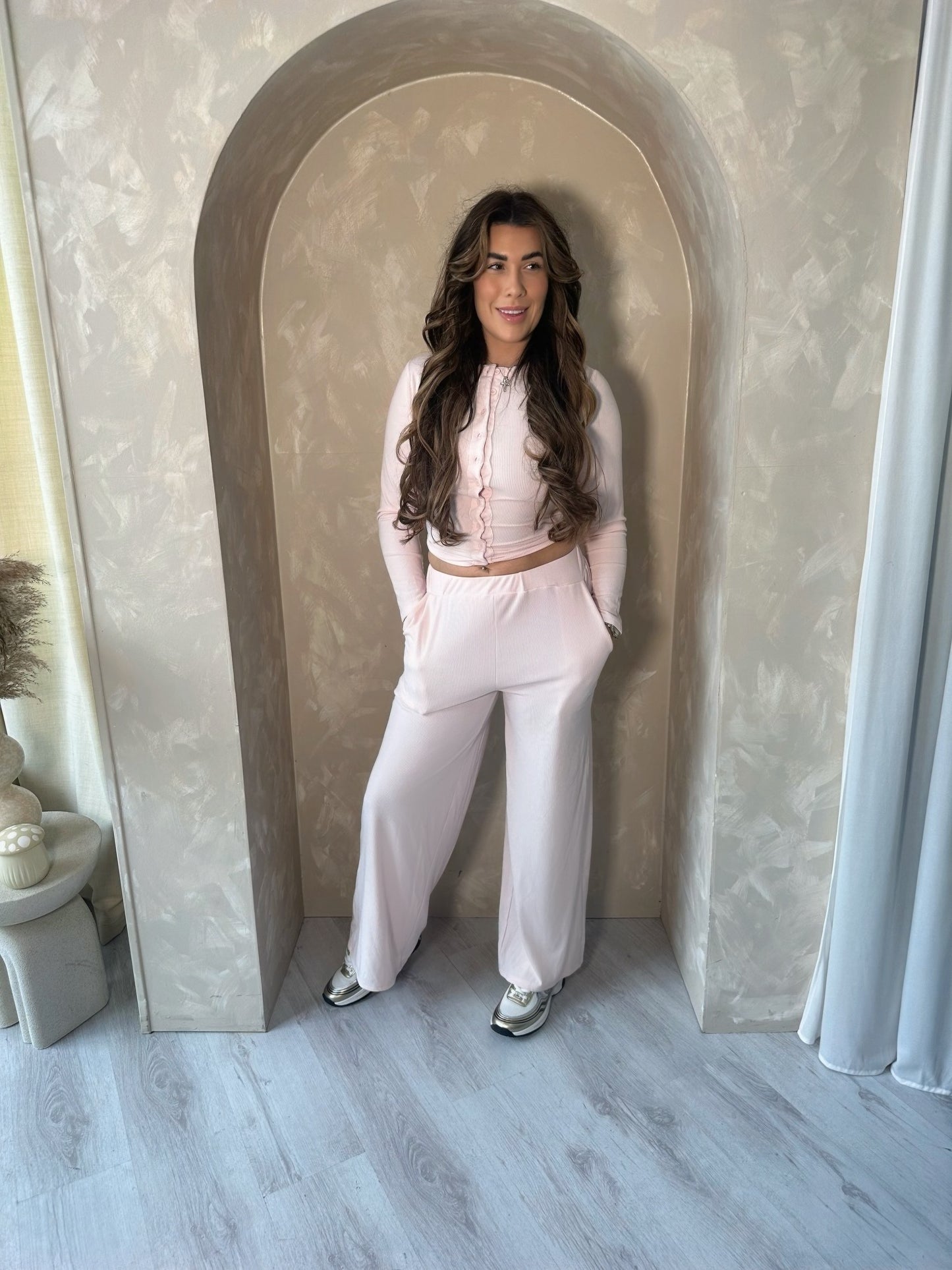 Soft Ribbed Button Up Set in Pink