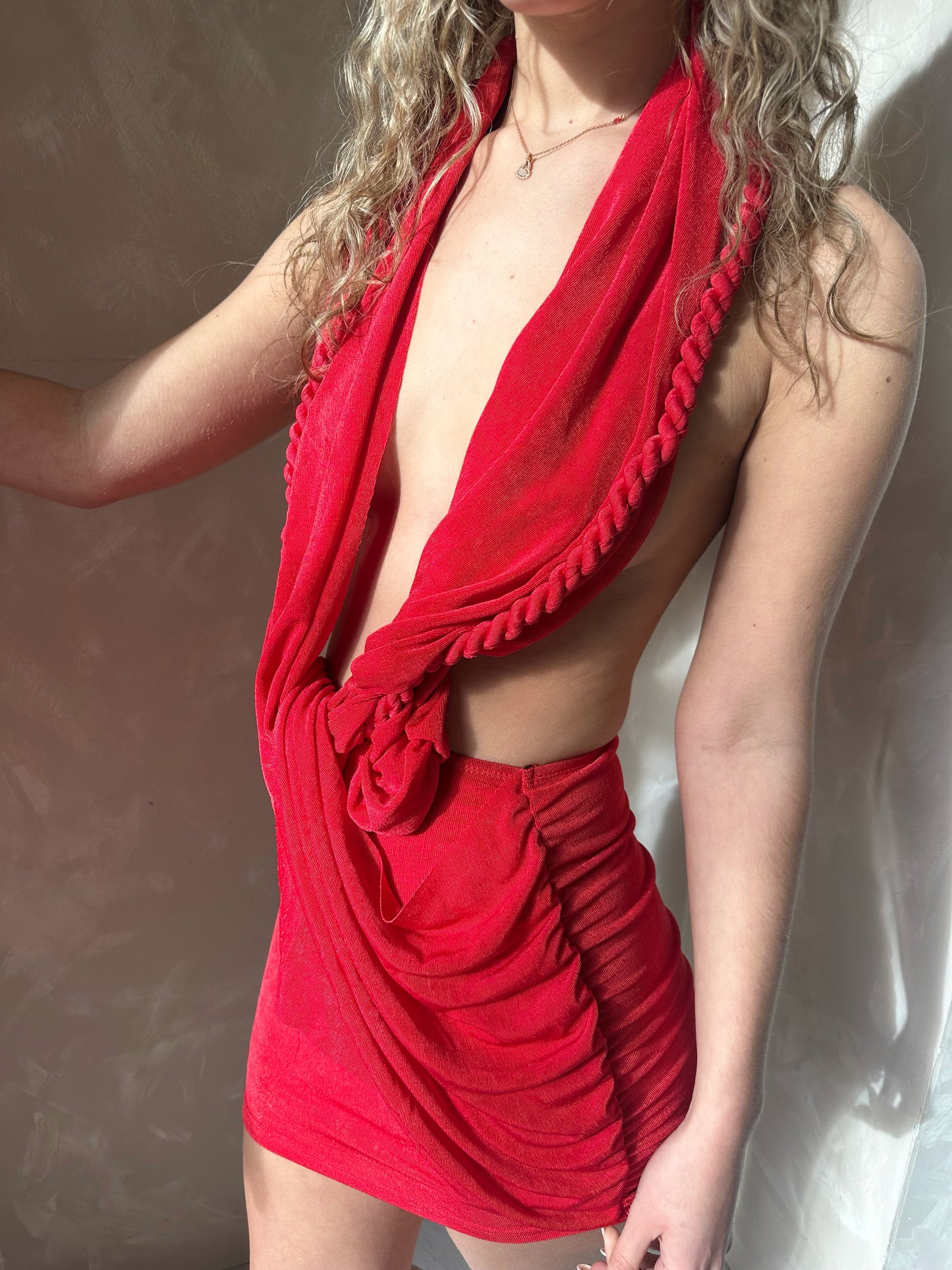 Plunge Halter Backless Rope Detail Dress in Red