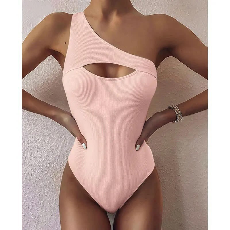 One Shoulder Ribbed Swimsuit in Peach