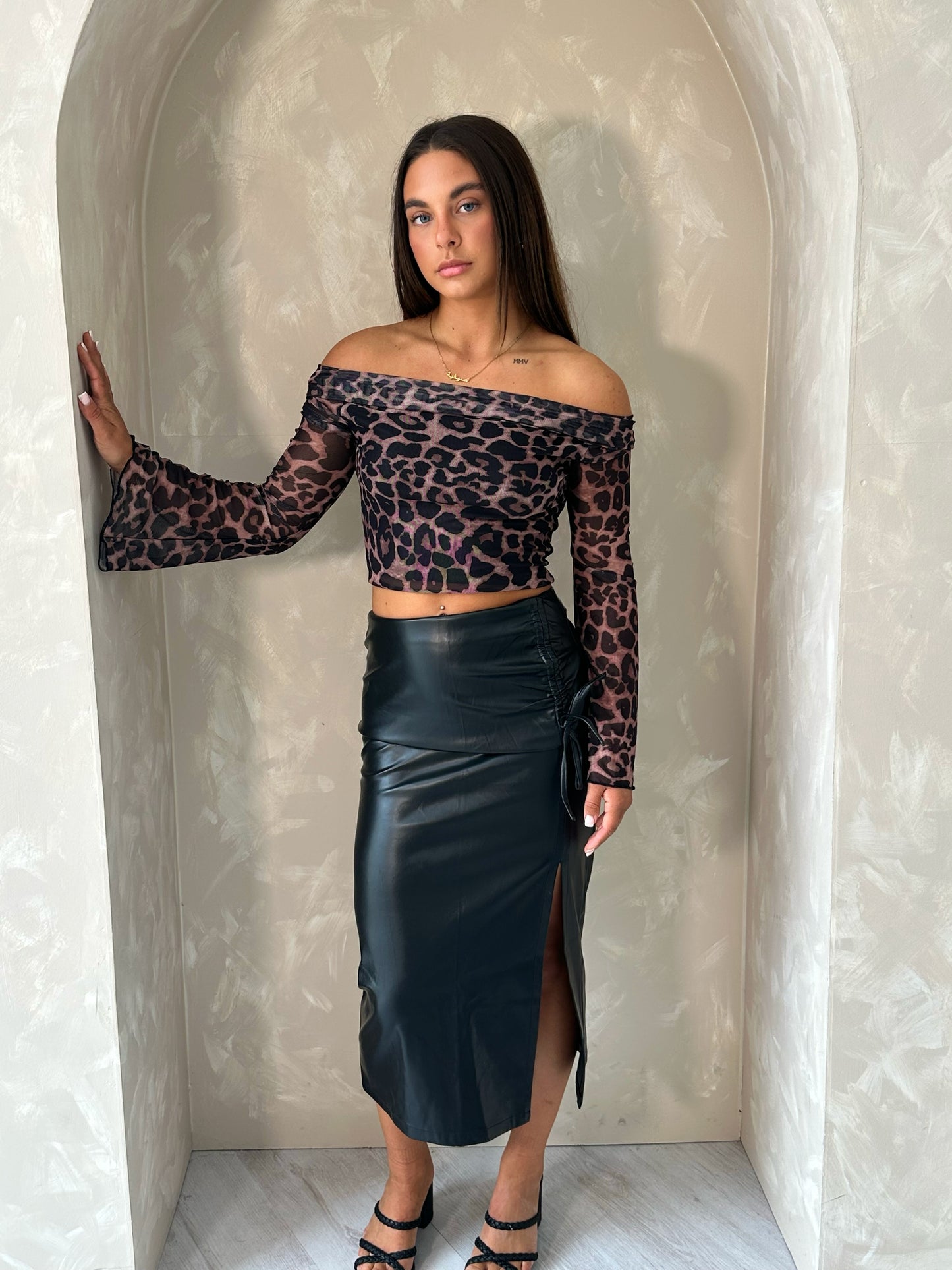 Midi Slit Detailed Faux Leather Skirt