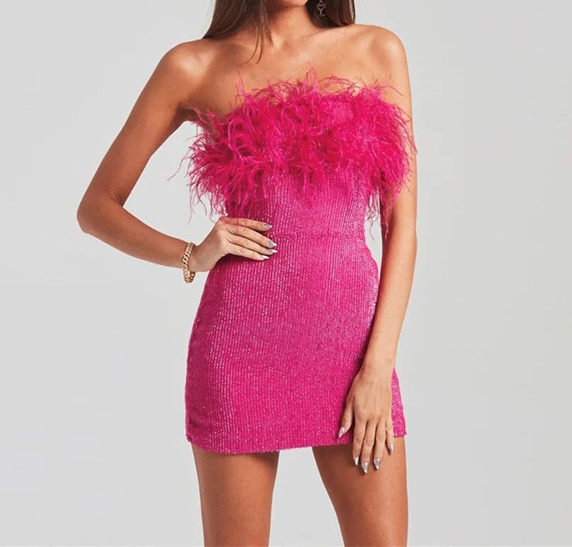 Glitter Feather Mini Dress in Hot Pink