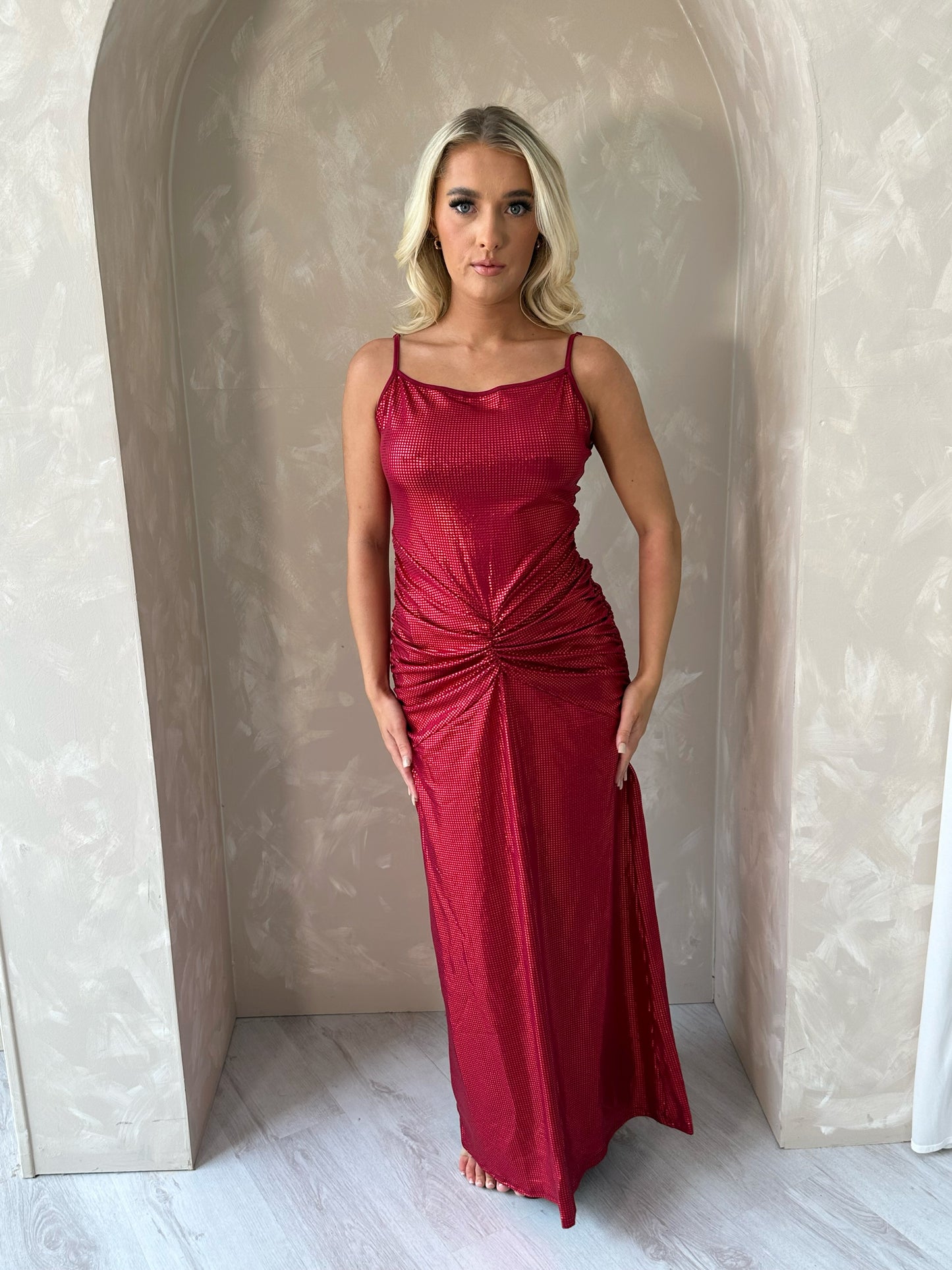 Scrunch Waist Shimmer Maxi Dress in Red