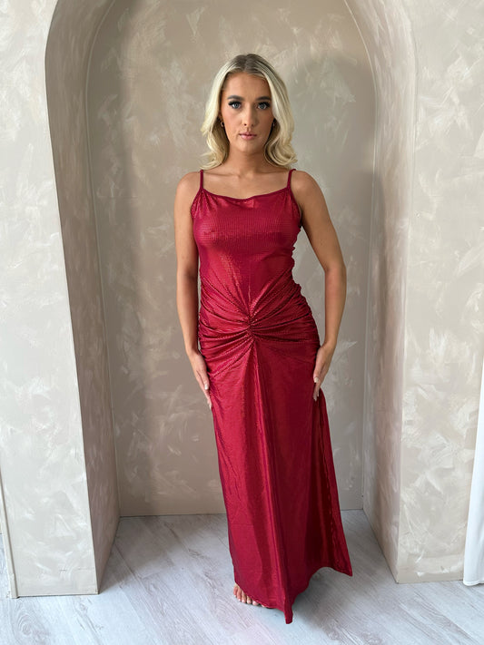 Scrunch Waist Shimmer Maxi Dress in Red