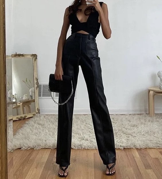 Faux Leather High Waist Trousers in Black