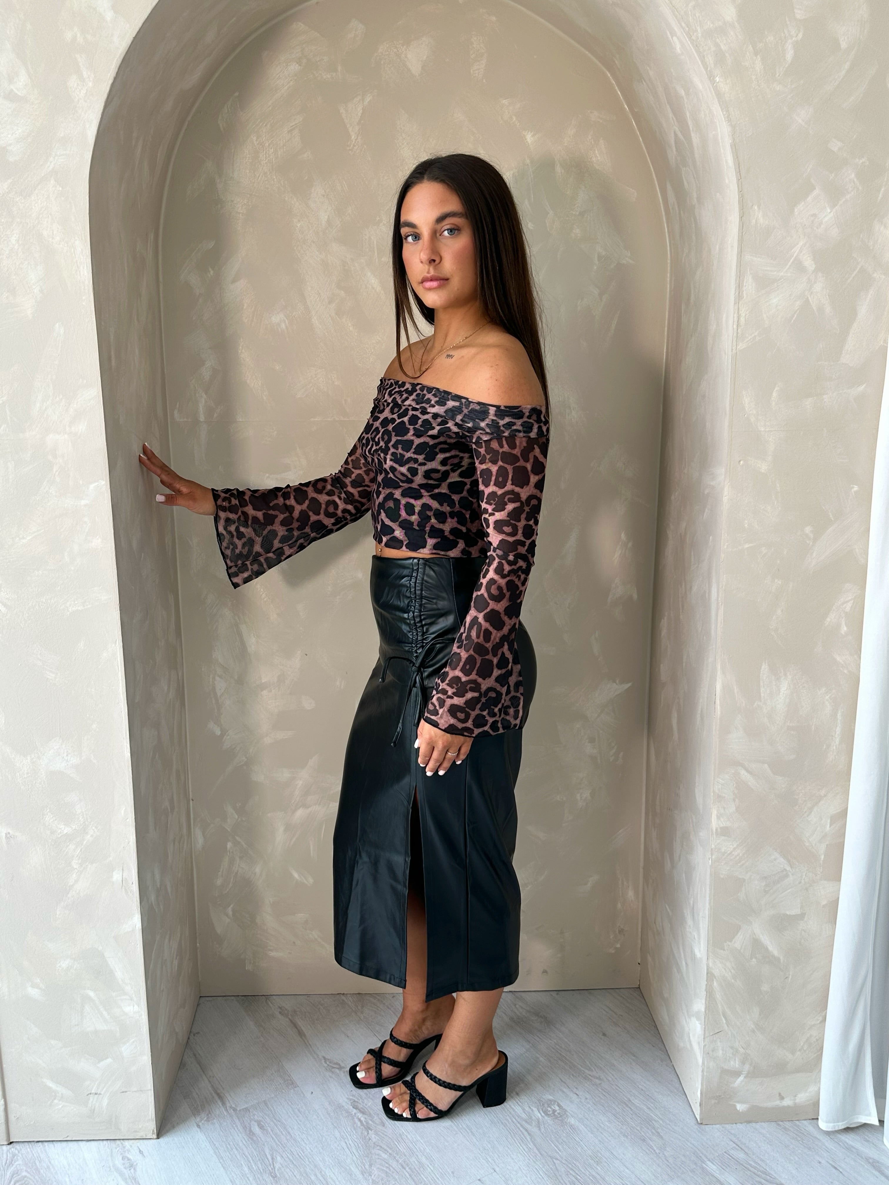 Cheetah Print Bardot Long Sleeved Top
