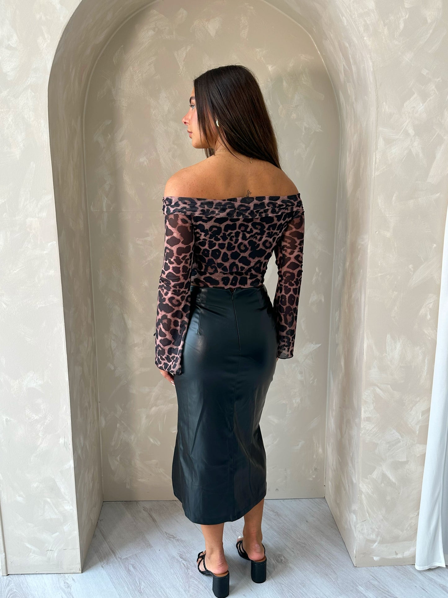 Midi Slit Detailed Faux Leather Skirt