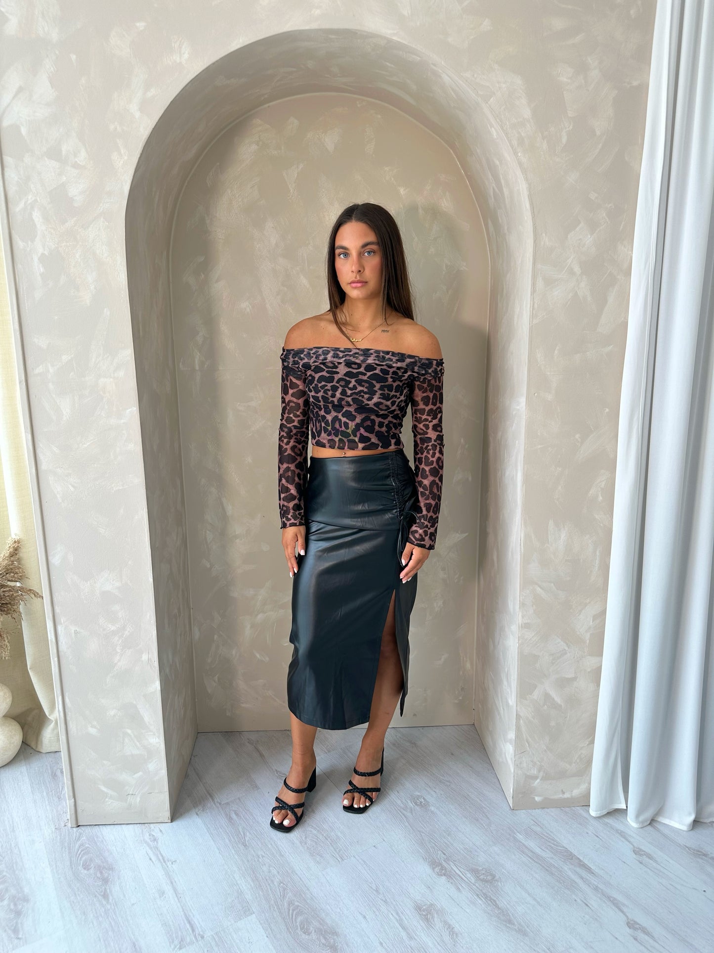 Midi Slit Detailed Faux Leather Skirt