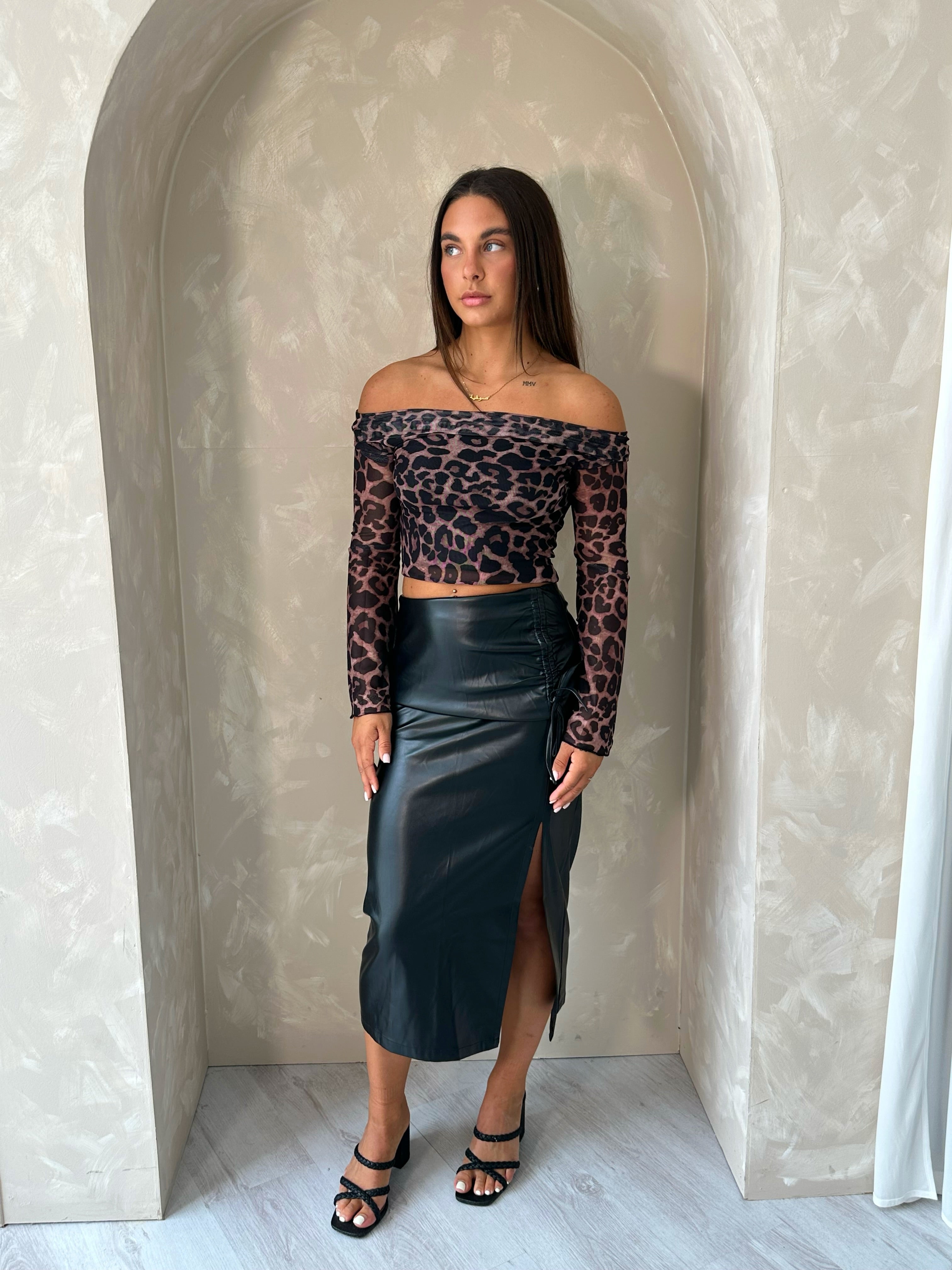Cheetah Print Bardot Long Sleeved Top