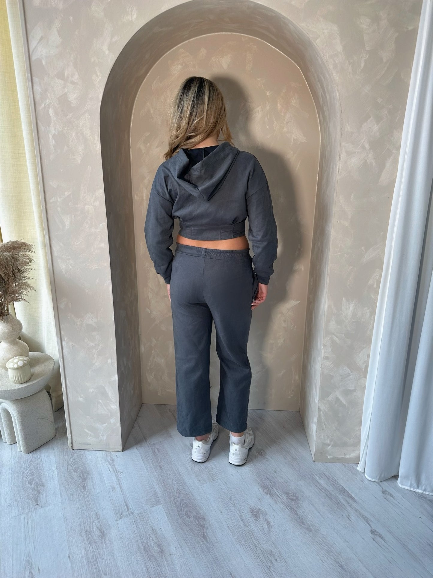 Suede Cinched Hoodie and Trousers in Graphite Grey
