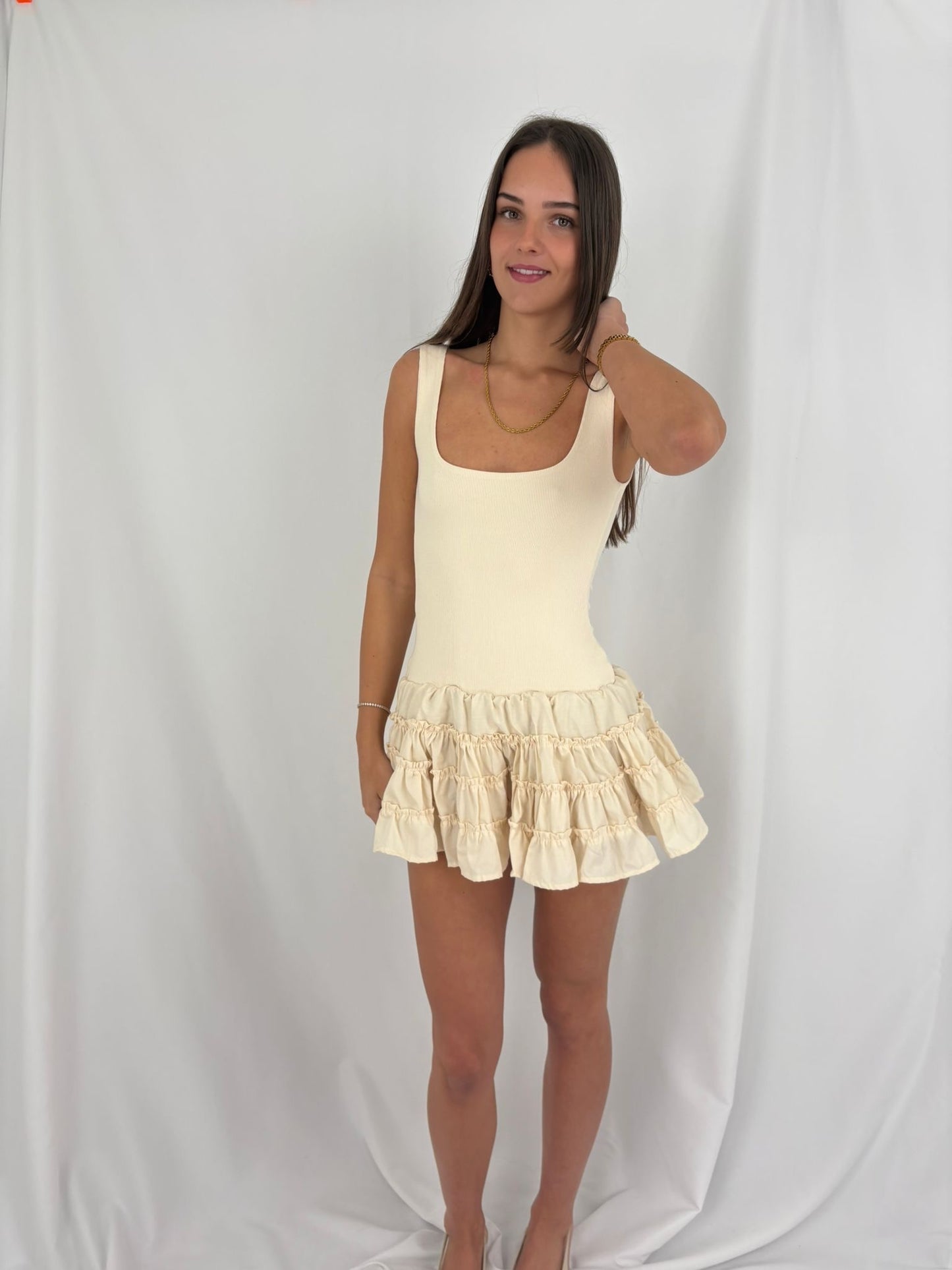 The Ruffle Skirt Mini Dress in Beige