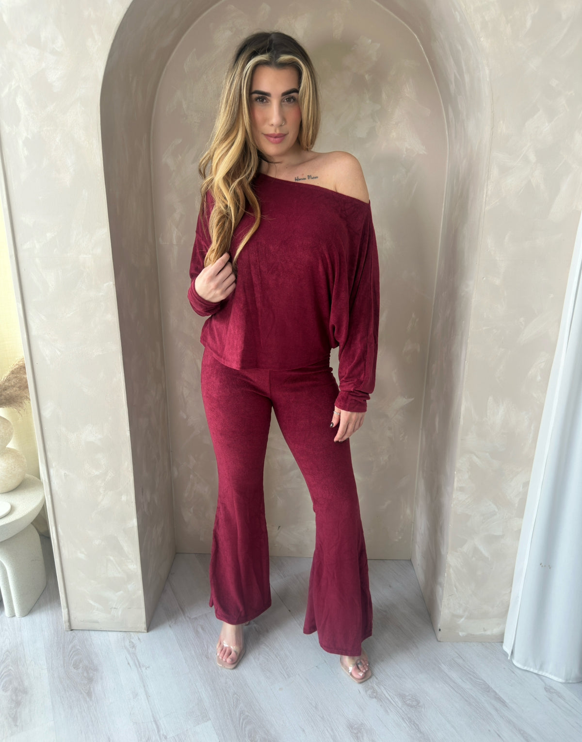 Soft Brushed Top and Trouser Set in Wine