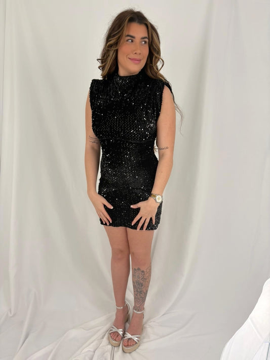 Capped Sleeve Sequin Dress in Black