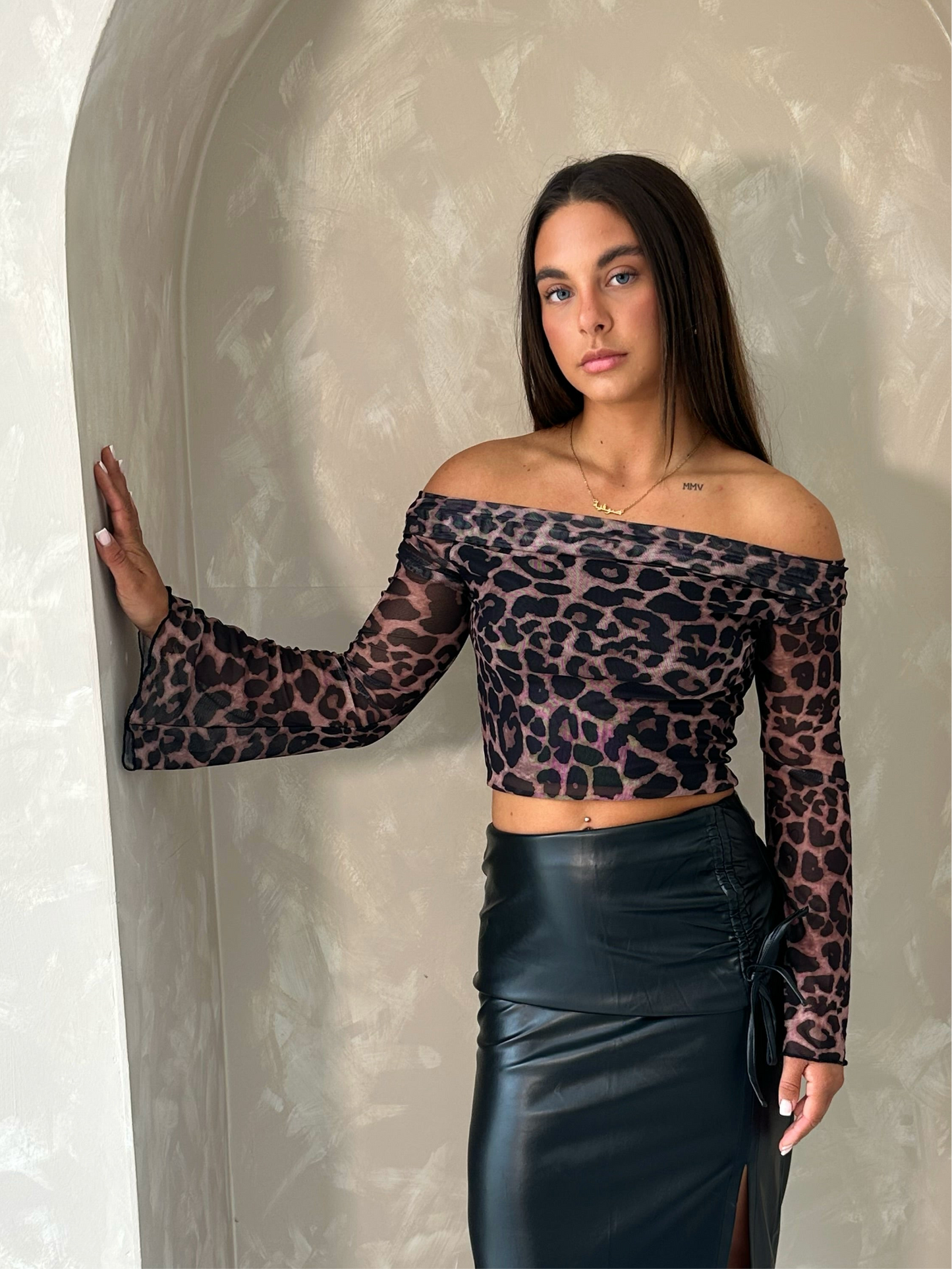 Cheetah Print Bardot Long Sleeved Top