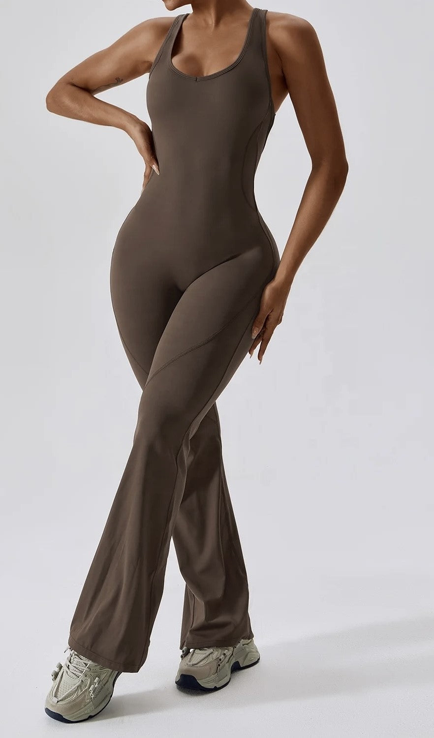 Flare Leg Cut Out Back Jumpsuit in Chocolate