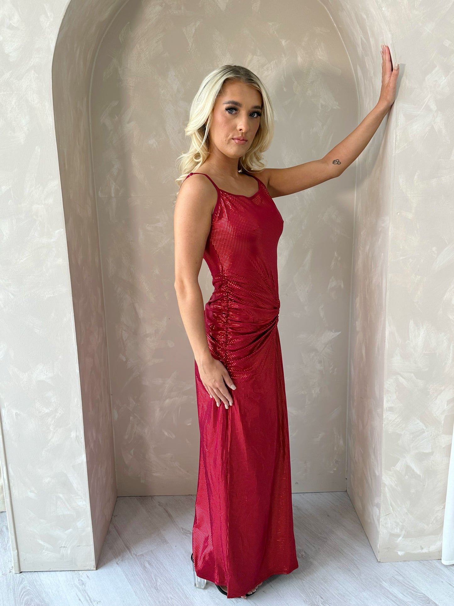 Scrunch Waist Shimmer Maxi Dress in Red