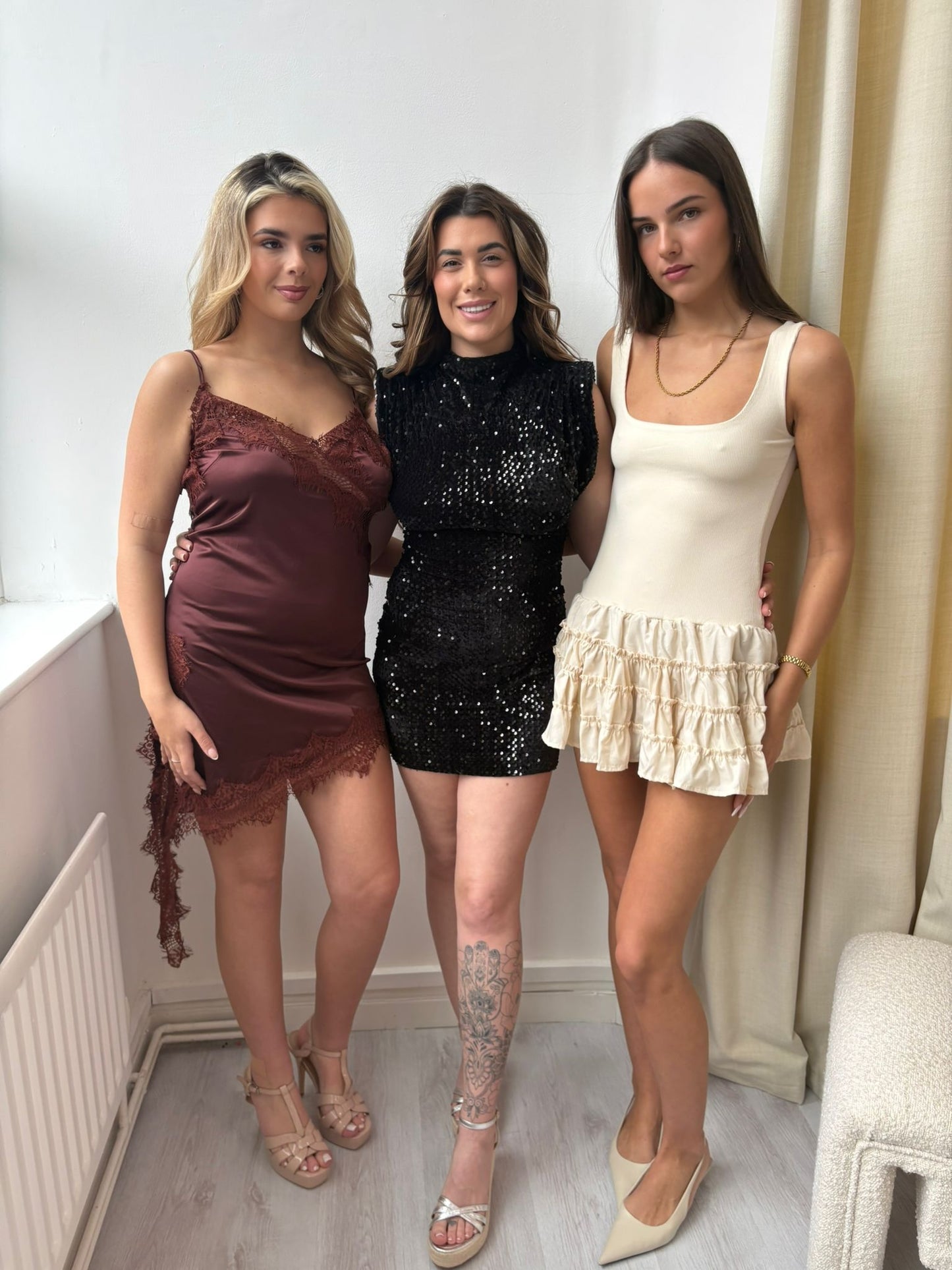 Satin Lace Trim Dress in Chocolate