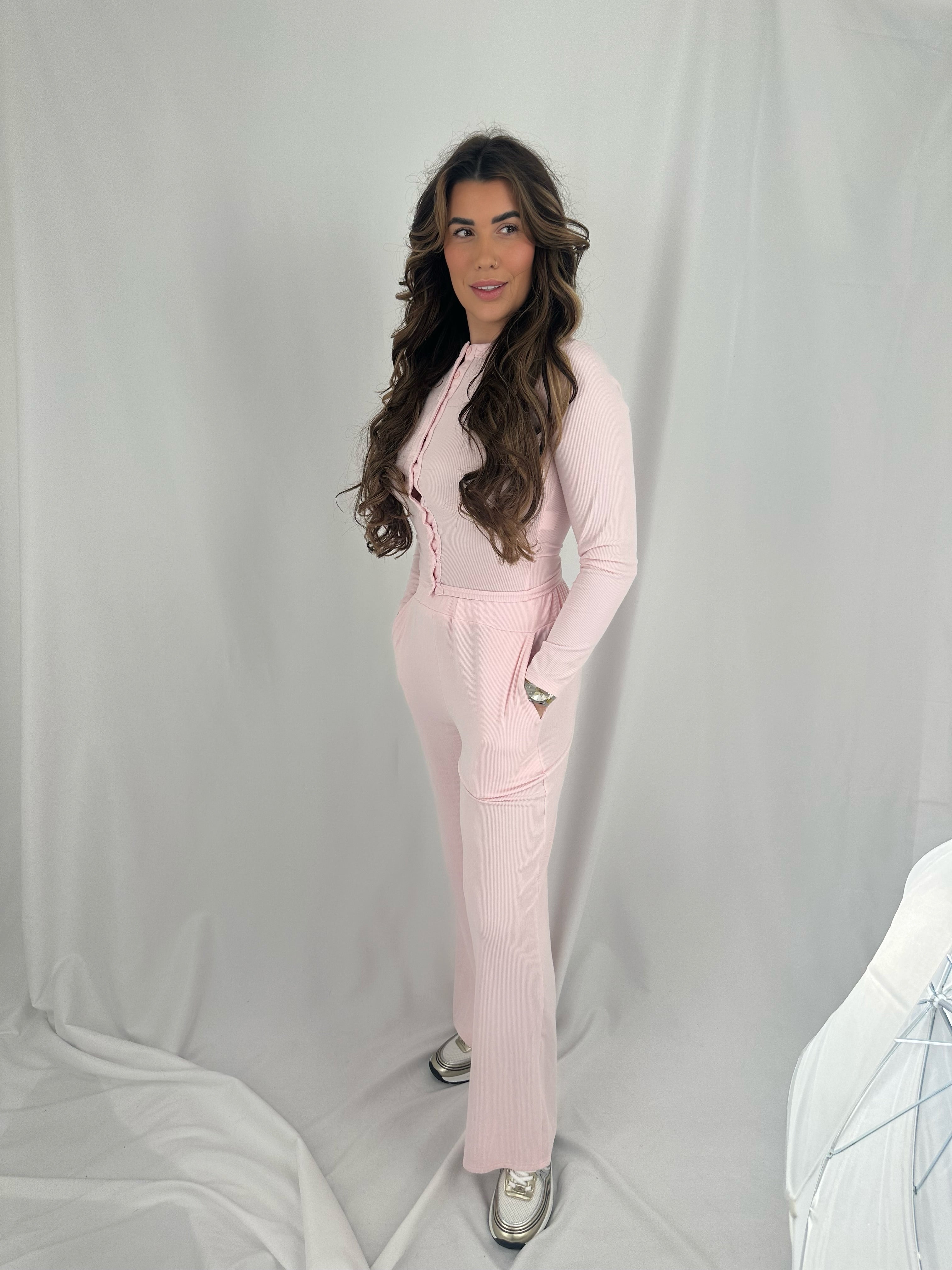 Soft Ribbed Button Up Set in Pink