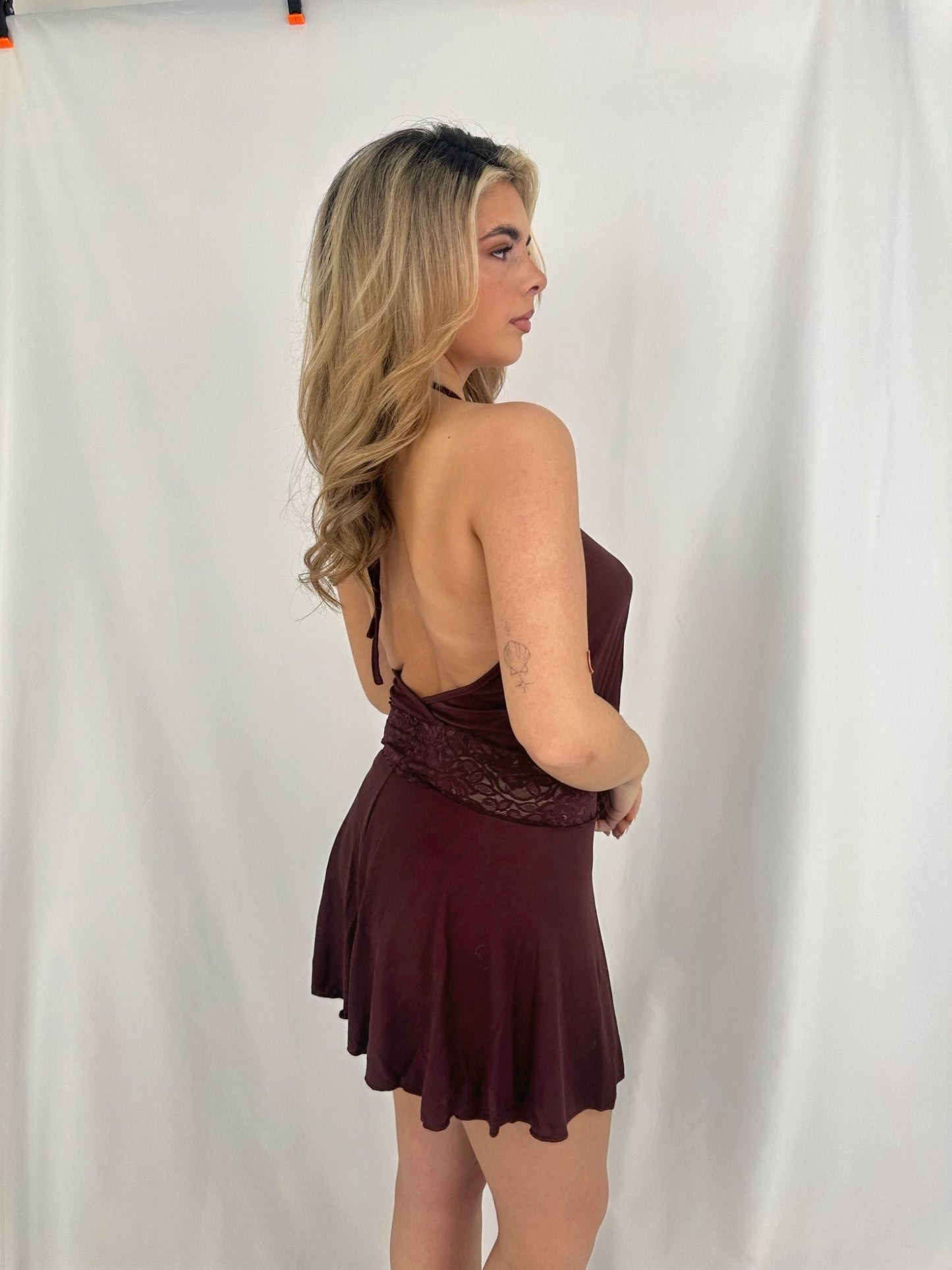 Lace Waist Halter Dress in Burgundy