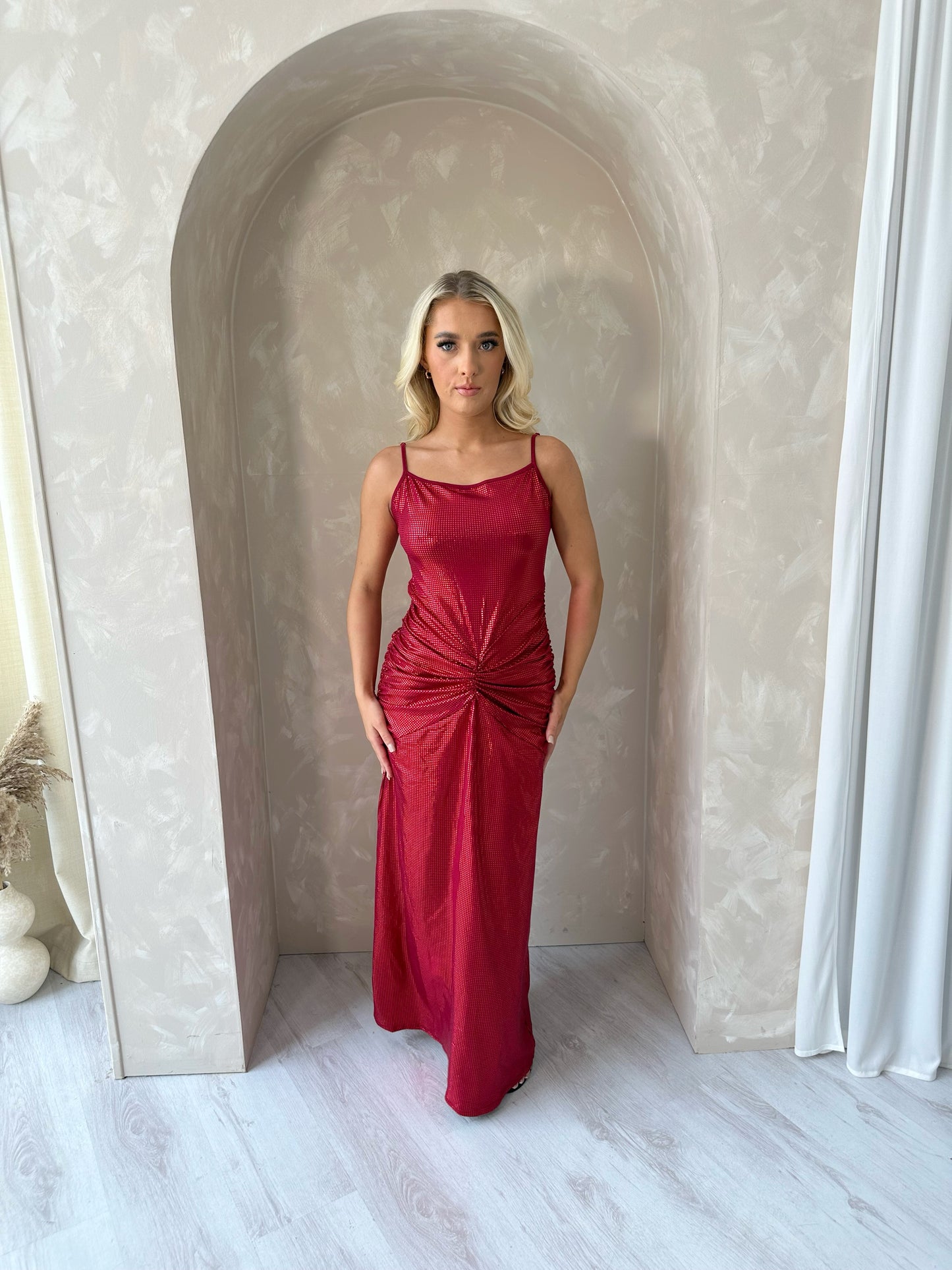 Scrunch Waist Shimmer Maxi Dress in Red