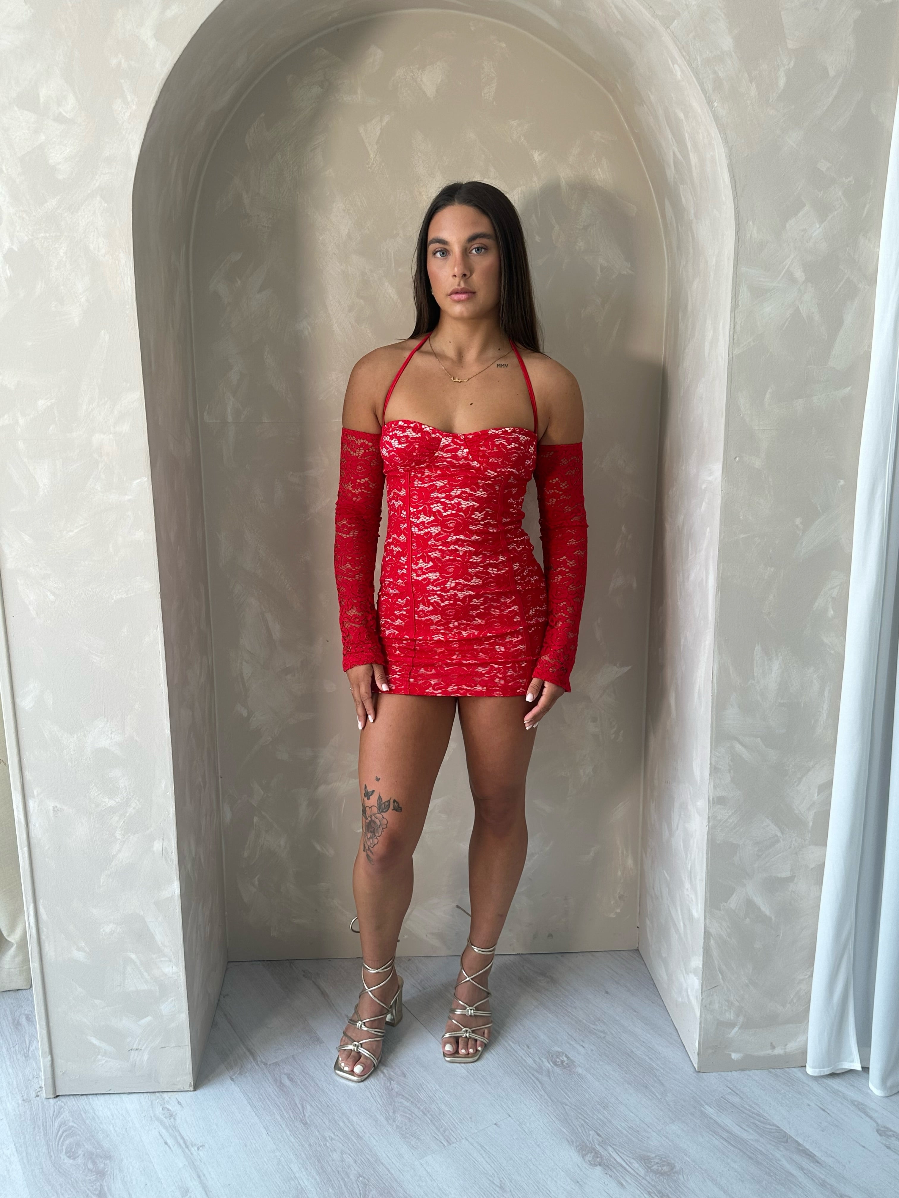 Lace Sleeved Mini Dress in Red