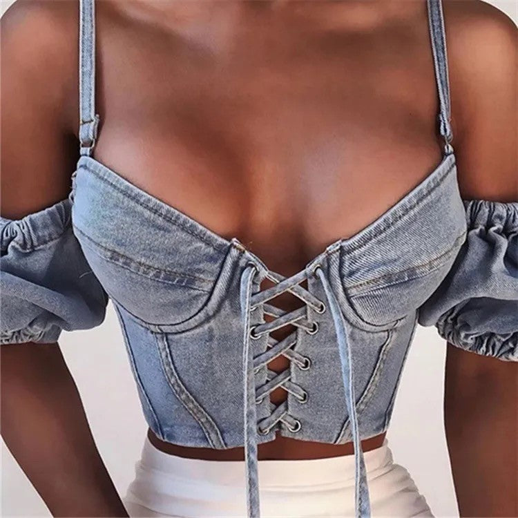 Denim Lace Up Crop Top