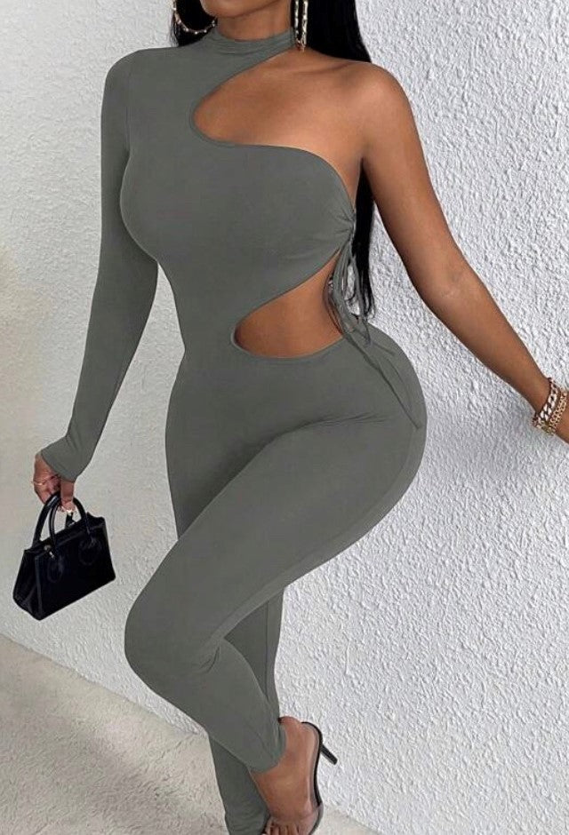 Cut Out One Sleeve Jumpsuit in Grey or Black