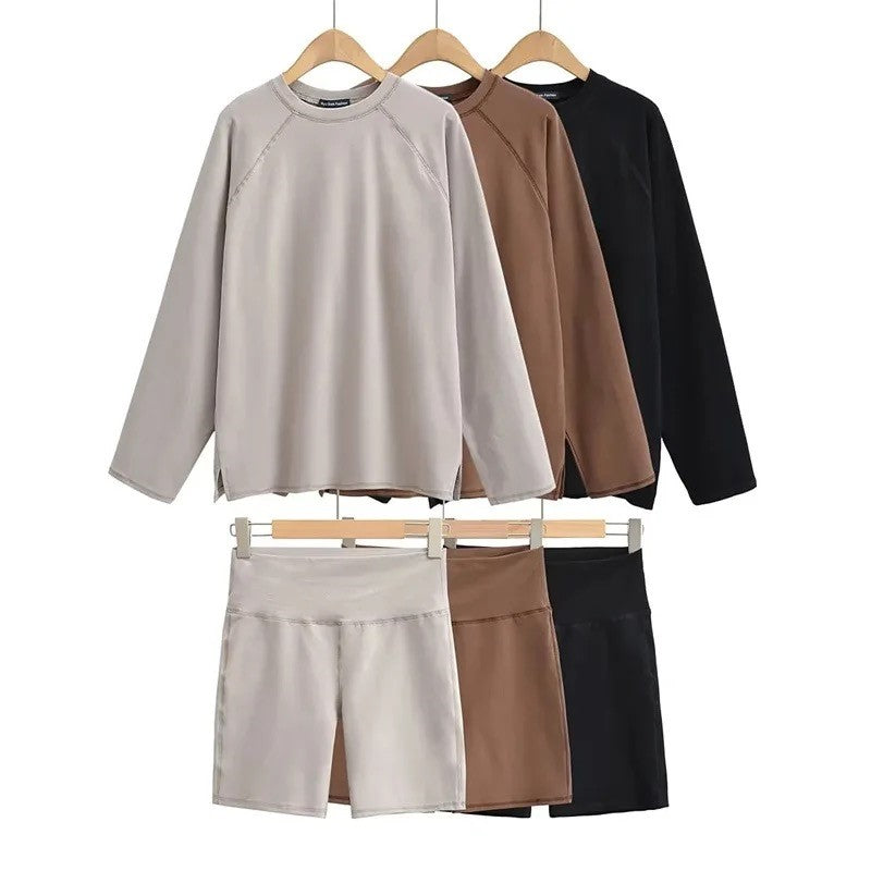 Oversized Long Sleeve T-Shirt and Cycle Shorts in Grey, Brown or Black