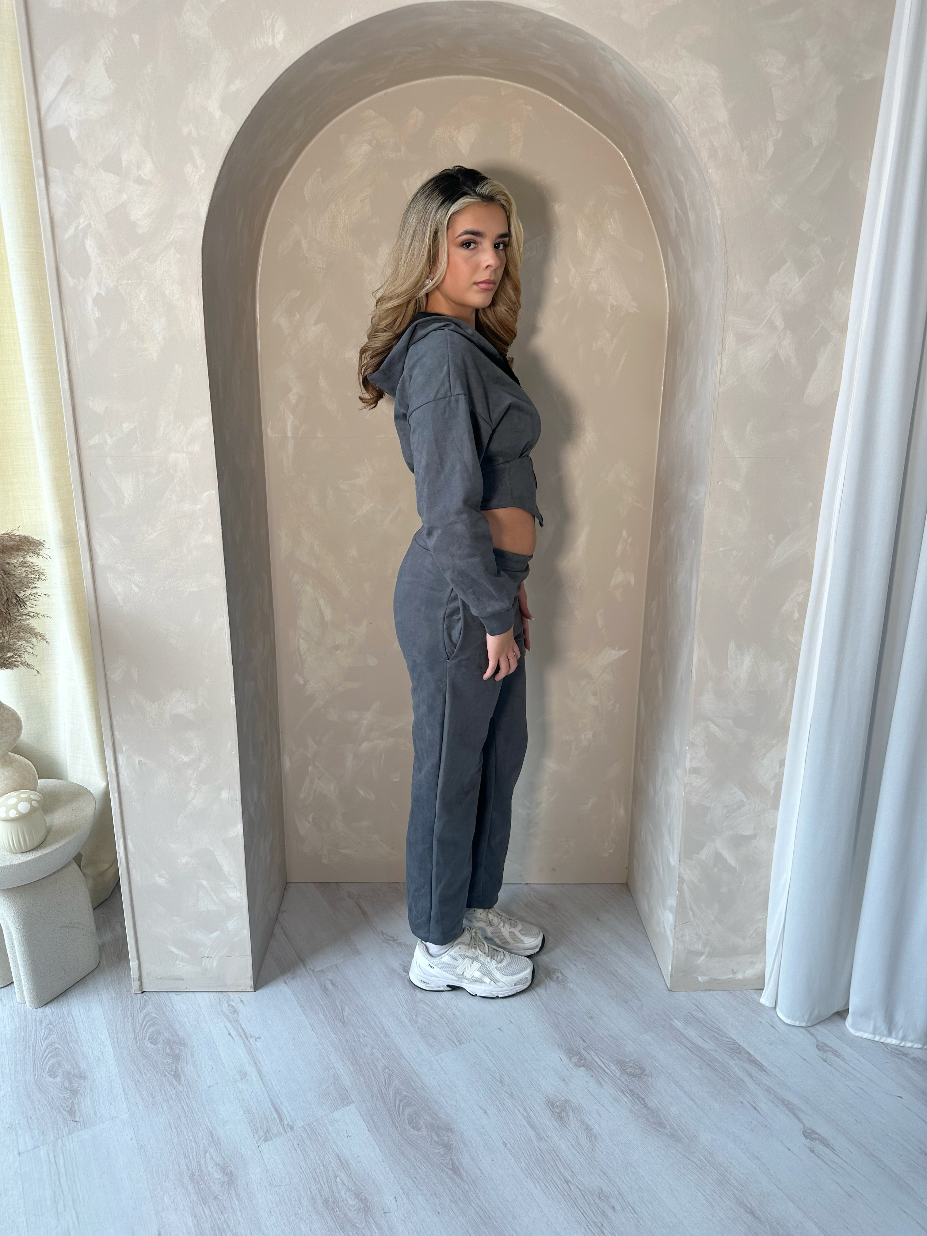 Suede Cinched Hoodie and Trousers in Graphite Grey