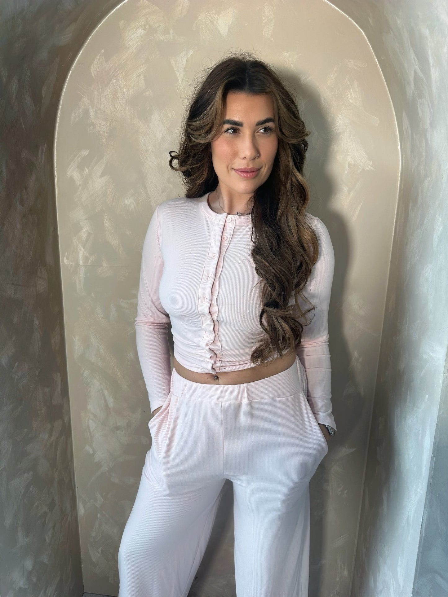 Soft Ribbed Button Up Set in Pink