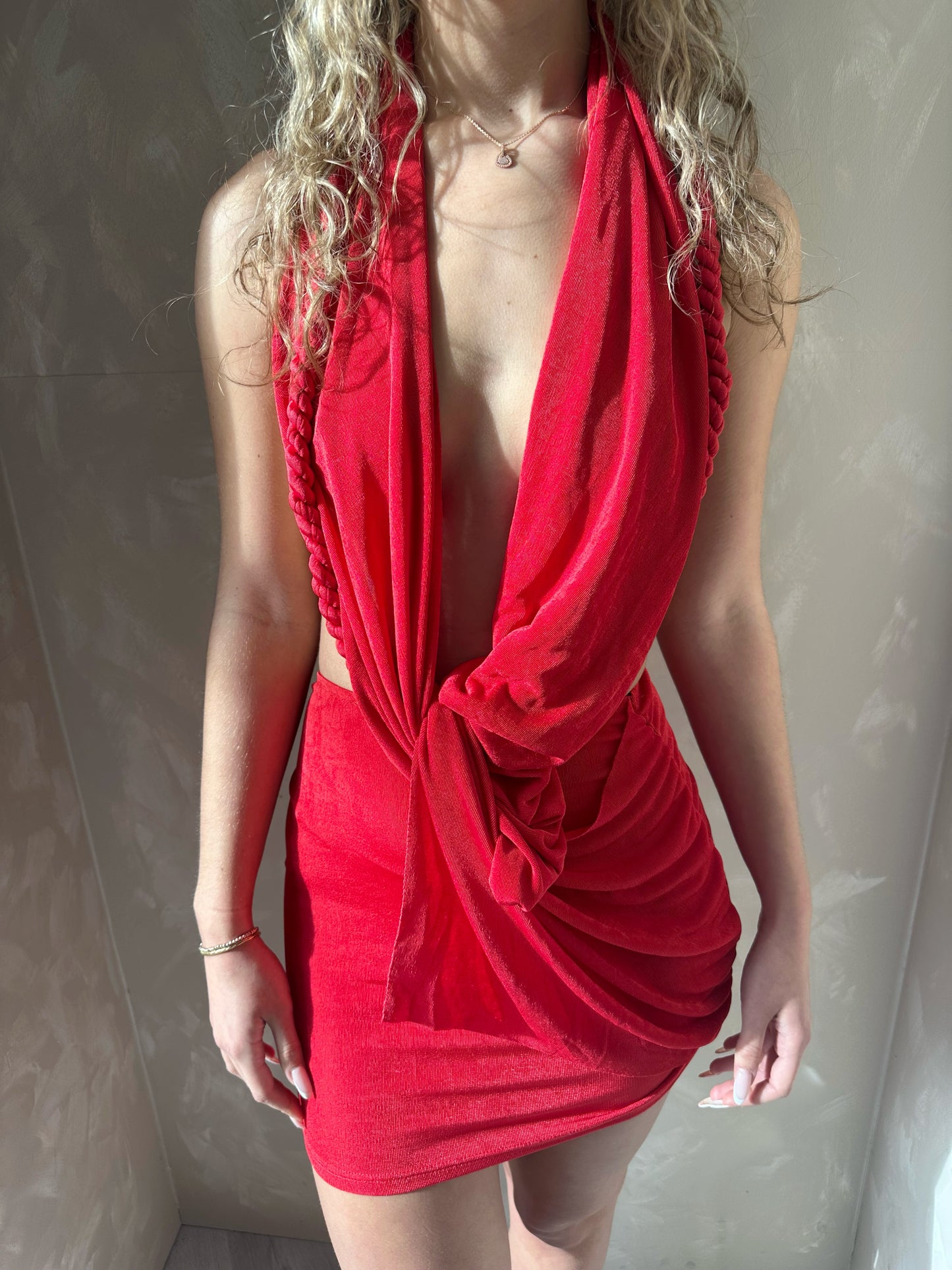 Plunge Halter Backless Rope Detail Dress in Red