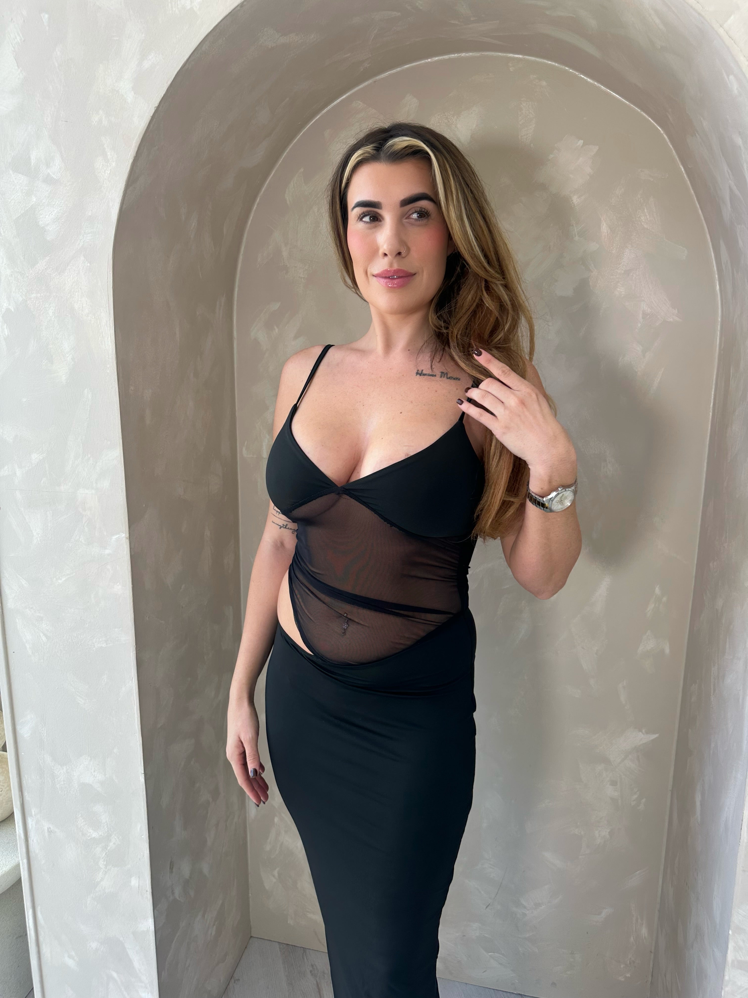 The Strappy Mesh Maxi Dress in Black