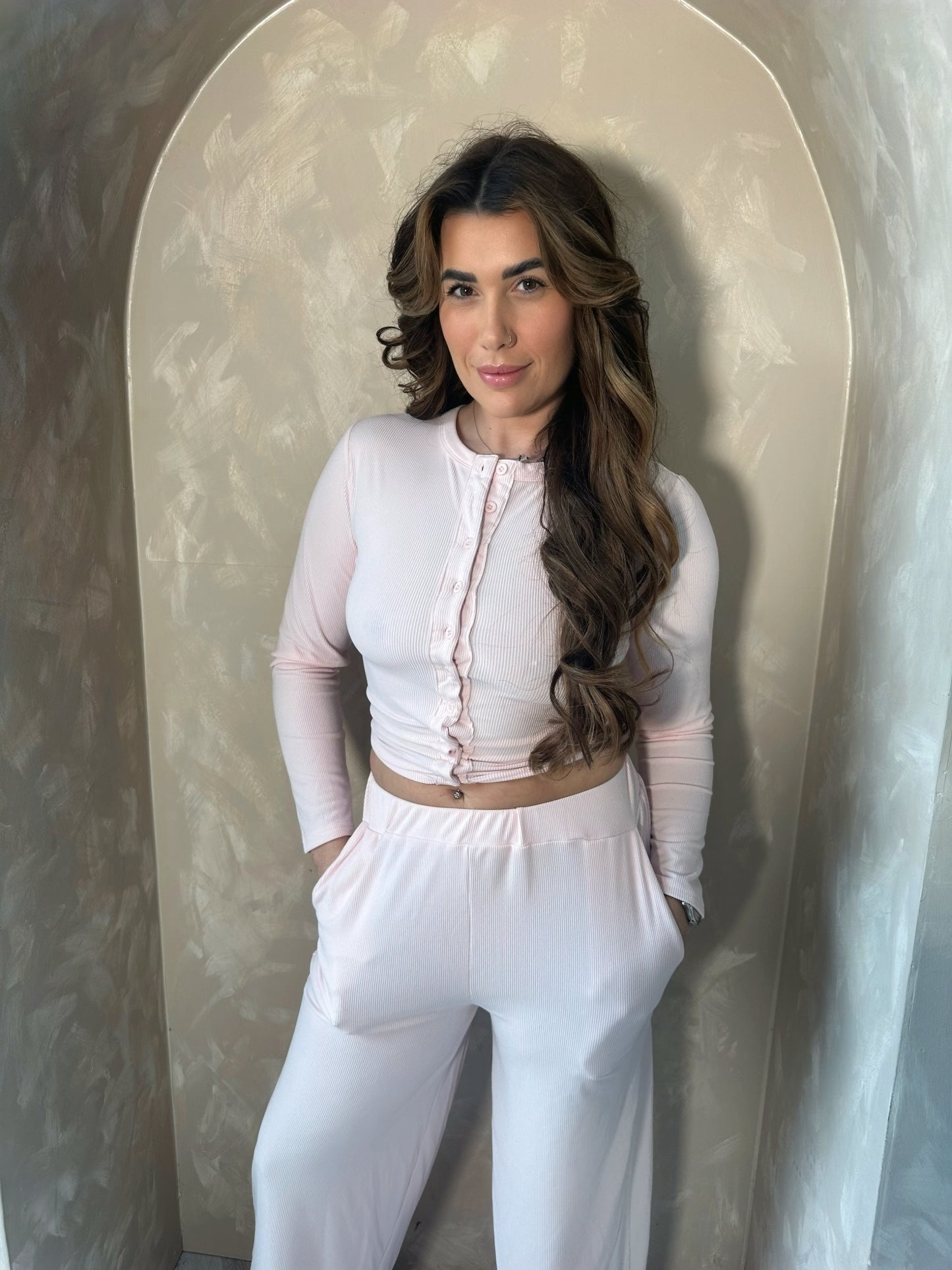 Soft Ribbed Button Up Set in Pink