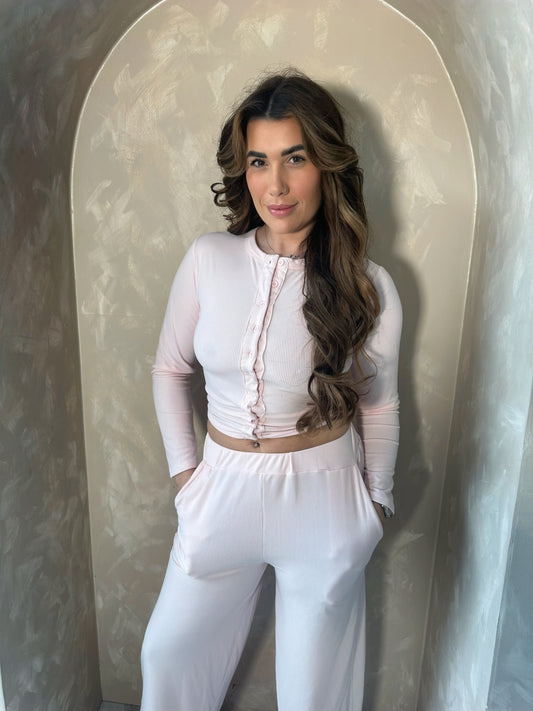 Soft Ribbed Button Up Set in Pink