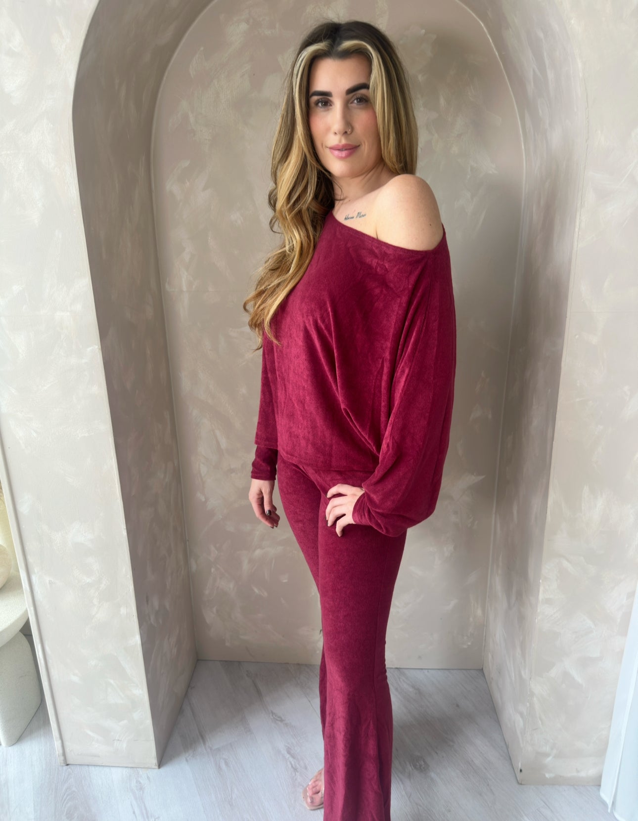 Soft Brushed Top and Trouser Set in Wine