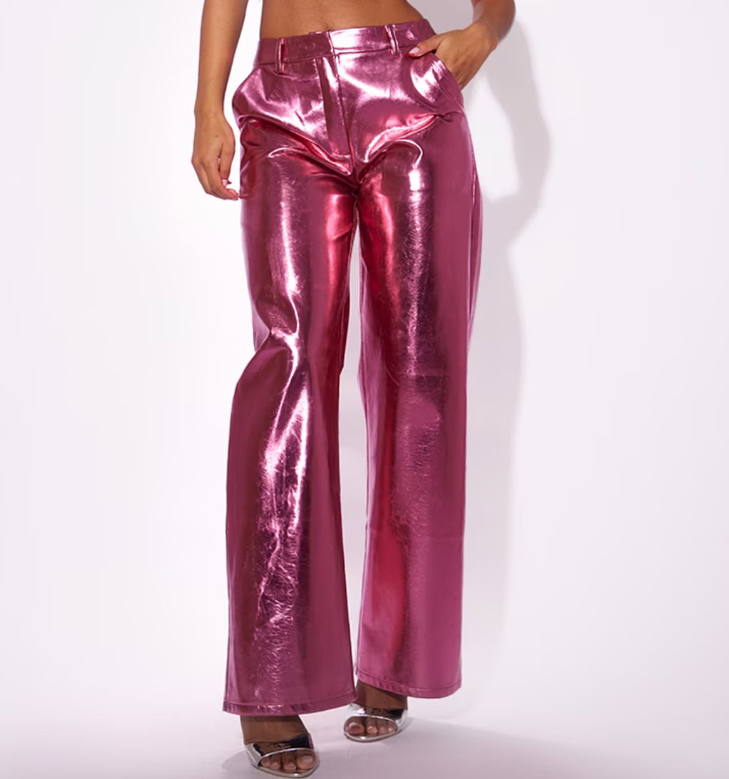 Metallic Straight Legged Trousers in Pink