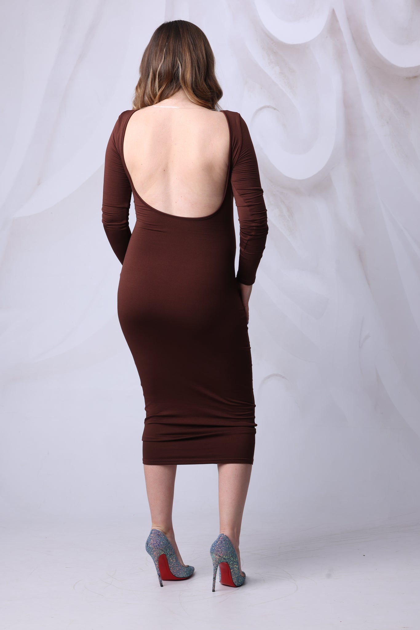 Maternity Backless Midi Dress in Chocolate Brown or Black