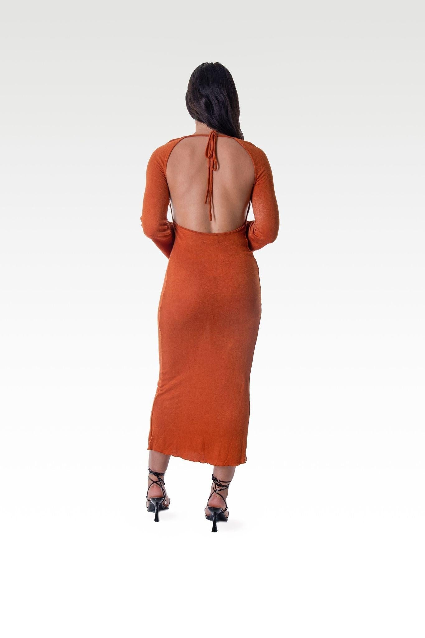 Backless Midi Dress in Burnt Orange - watts that trend