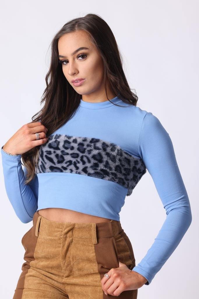 Blue and Furry Cheetah Print Top - watts that trend