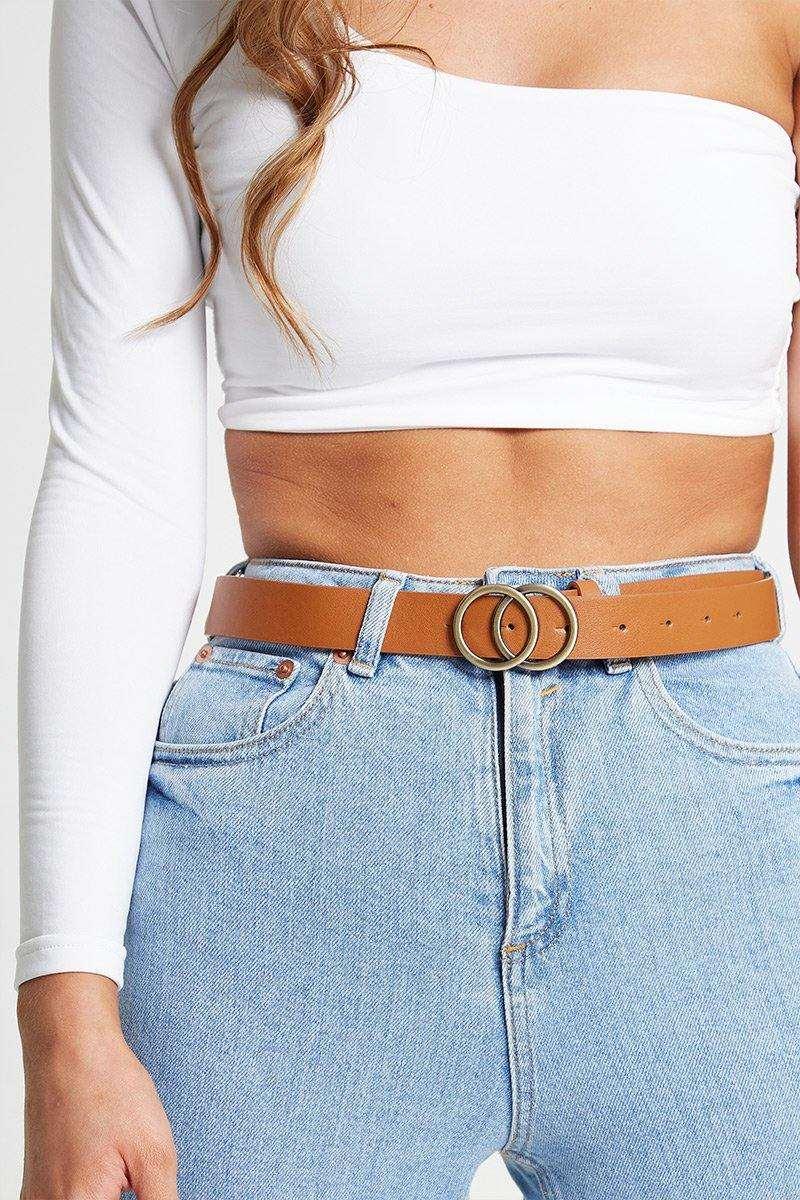 Double Gold Ring Belt in Tan - watts that trend