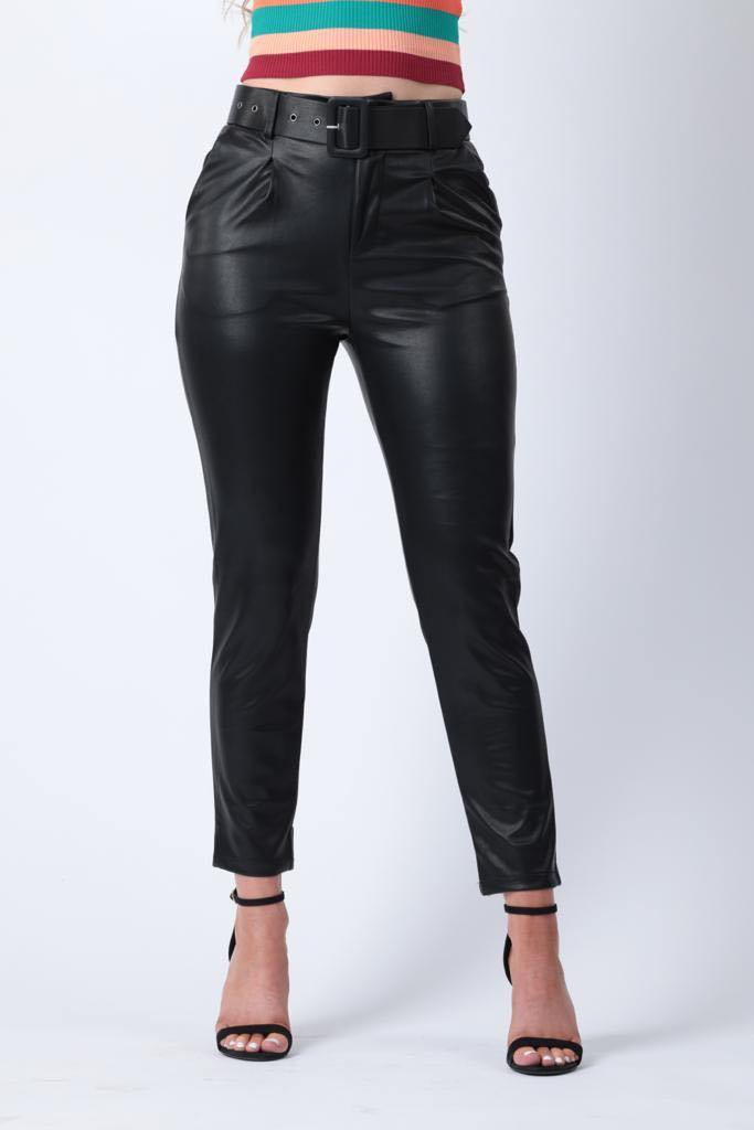 Faux Leather Belted Trousers in Black - watts that trend