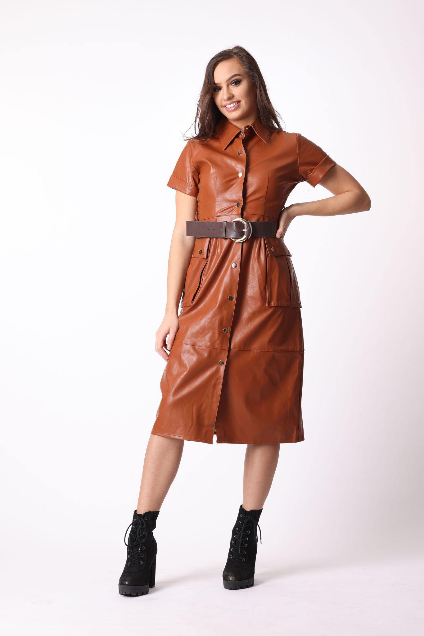 Faux Leather Midi Dress in Brown - watts that trend