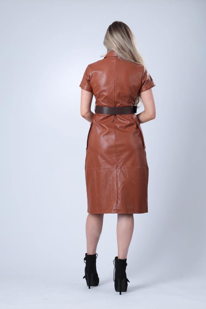 Faux Leather Midi Dress in Brown - watts that trend