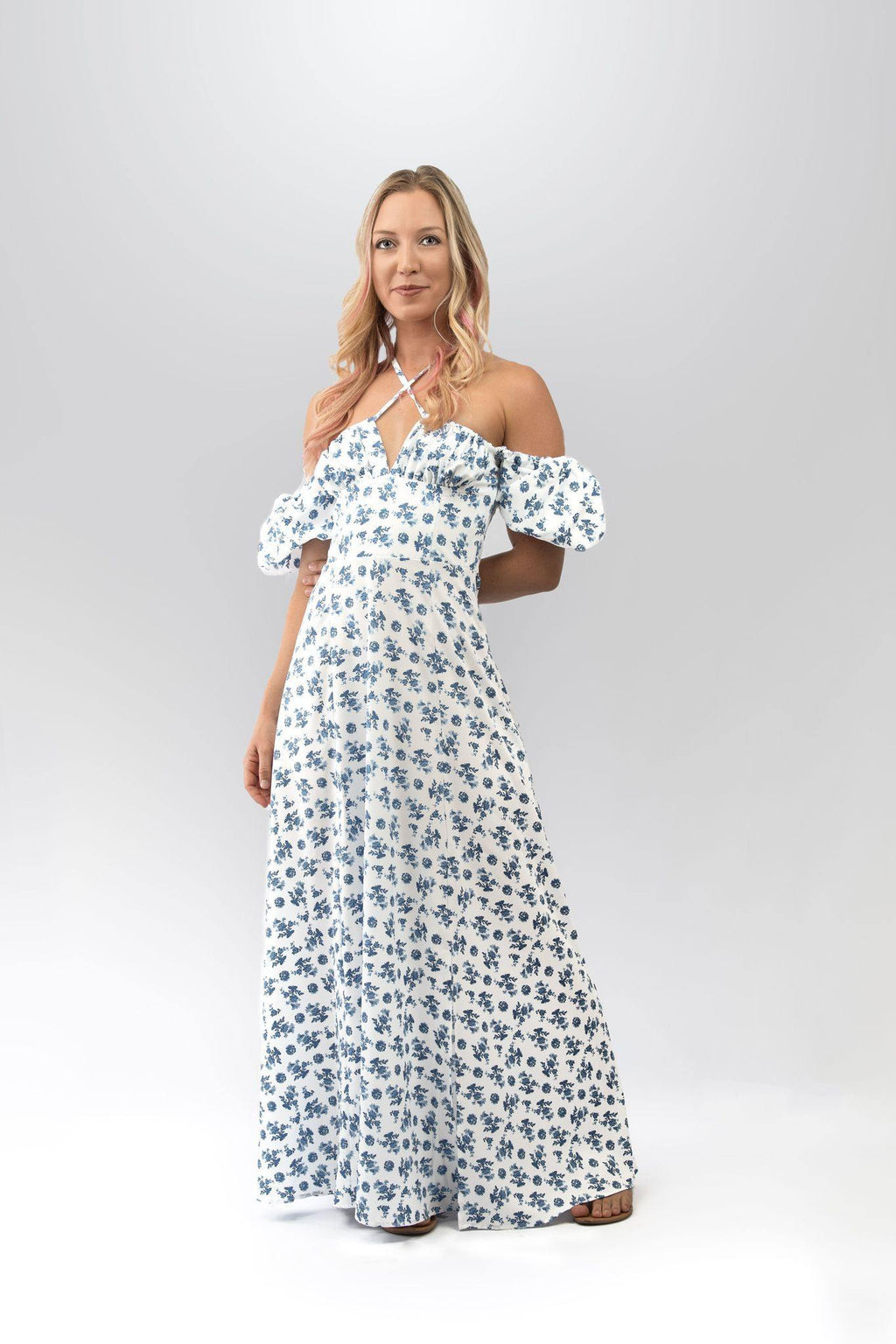 Floral Milkmaid Maxi Dress in White and Blue - watts that trend