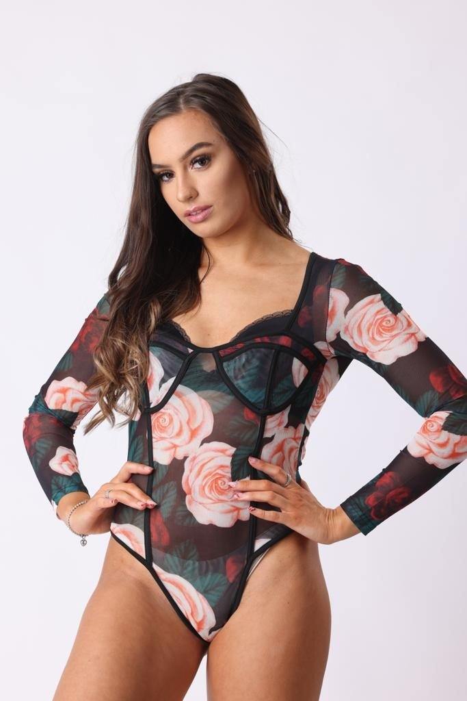 Floral Sheer Bodysuit in Black - watts that trend
