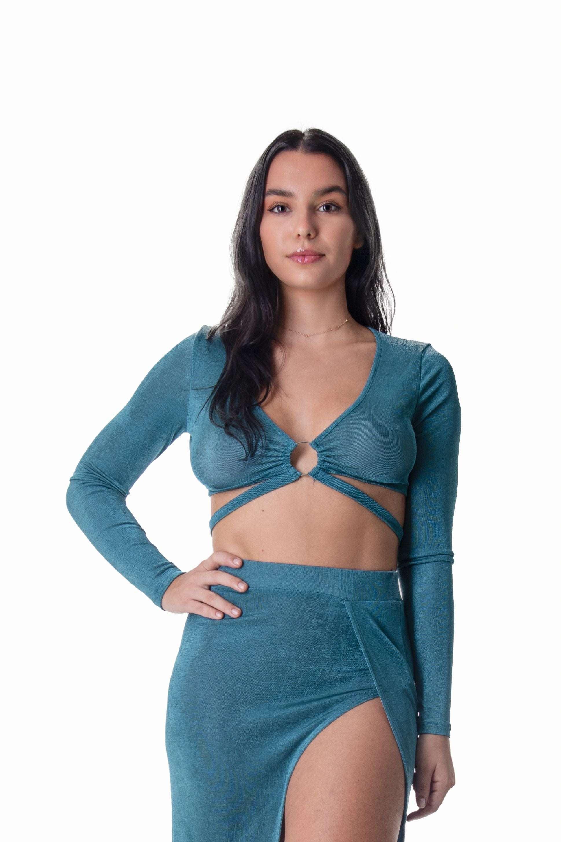 Long Sleeve Ring Crop Top in Turquoise