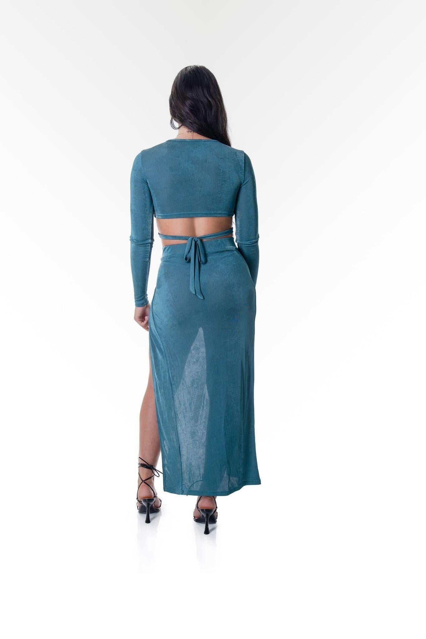 Long Sleeve Ring Crop Top in Turquoise - watts that trend